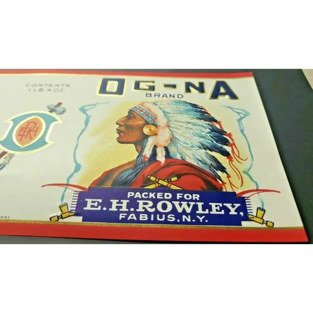 Vintage OG-NA Brand Sweet Corn Beans E.H. Rowley‎ Fabius, NY 1940s Can Label Z2